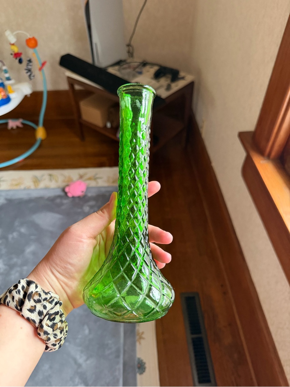 Green Diamond-Pattern Glass Bud Vase